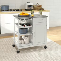 Rackhams Kitchen Trolley Utility Cart W/ Wheel Wine Rack Open Shelf and Cabinet - thumbnail 1