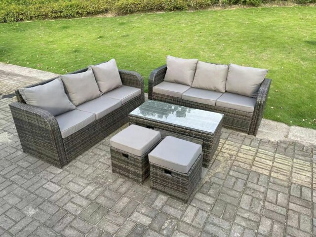 Rackhams Dark Grey PE Wicker High Back Rattan Garden Furniture Set Lounge Sofa 3 Seater Sofa Set Outdoor Rectangular Coffee Table Stools 8 Seater - image 1