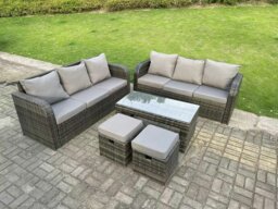Rackhams Dark Grey PE Wicker High Back Rattan Garden Furniture Set Lounge Sofa 3 Seater Sofa Set Outdoor Rectangular Coffee Table Stools 8 Seater - thumbnail 2