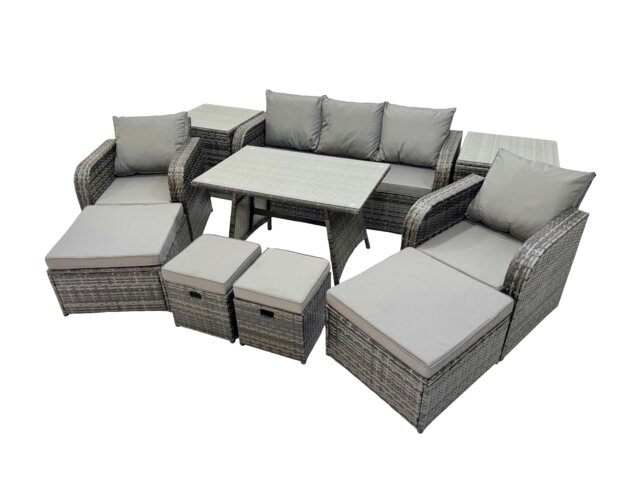 Rackhams Garden Rattan Outdoor Furniture Set 9 Seater with 3 Seater Sofa 2 Side Table 2 Big Stool 2 Small Stools Dark Grey - image 1