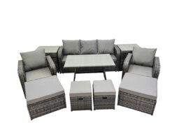 Rackhams Garden Rattan Outdoor Furniture Set 9 Seater with 3 Seater Sofa 2 Side Table 2 Big Stool 2 Small Stools Dark Grey - thumbnail 2