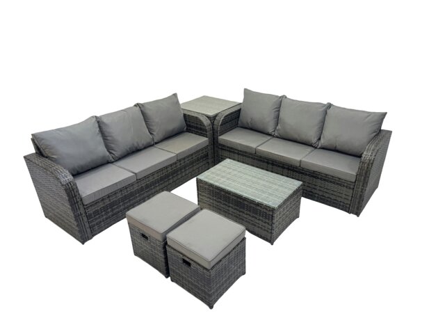 Rackhams Outdoor 3 Seater Sofa Coffee Table Set Garden Rattan Furniture Set 8 Seater with 2 Small Stools Side Table Dark Grey - image 1