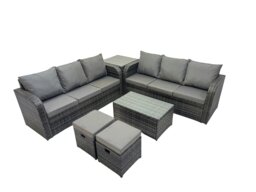 Rackhams Outdoor 3 Seater Sofa Coffee Table Set Garden Rattan Furniture Set 8 Seater with 2 Small Stools Side Table Dark Grey - thumbnail 1