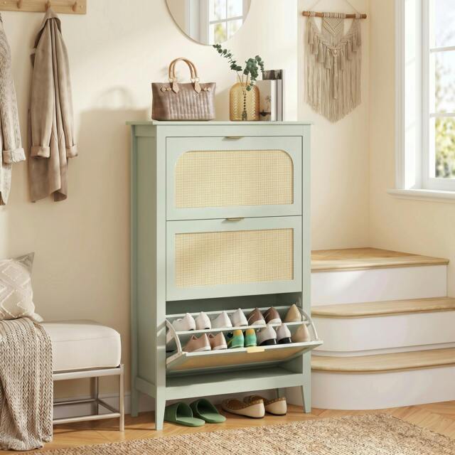 Rackhams Boho Slim Shoe Cabinet with Rattan Doors, Green - 21 Pairs - image 1