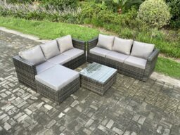 Rackhams Wicker Rattan Garden Furniture Sofa Set with Square Coffee Table Big Footstool 7 Seater Outdoor Rattan Set Dark Grey Mixed - thumbnail 1