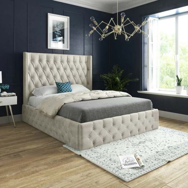 Rackhams Tammy Upholstered Soft Velvet Metal Bed Frame - Blue - Silver - Small single - image 1