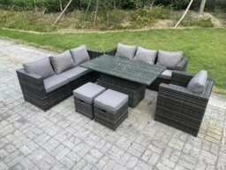 Rackhams Wicker PE Garden Furniture Rattan Sofa Set Outdoor Adjustable Rising Lifting Dining Table Set with Armchair 2 Stools 9 Seater Dark Grey Mixed - thumbnail 1
