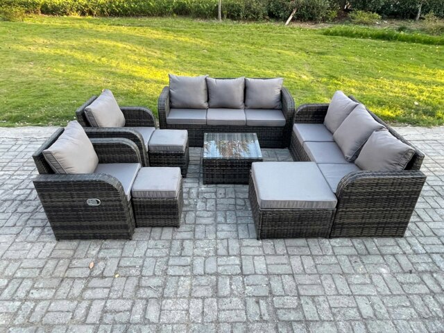 Rackhams High Back Rattan Garden Furniture Set with Square Coffee Table 3 Footstools Indoor Outdoor Patio Lounge Sofa Set Dark Grey Mixed - image 1