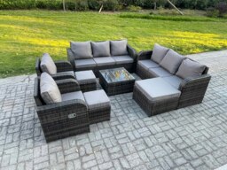 Rackhams High Back Rattan Garden Furniture Set with Square Coffee Table 3 Footstools Indoor Outdoor Patio Lounge Sofa Set Dark Grey Mixed - thumbnail 2