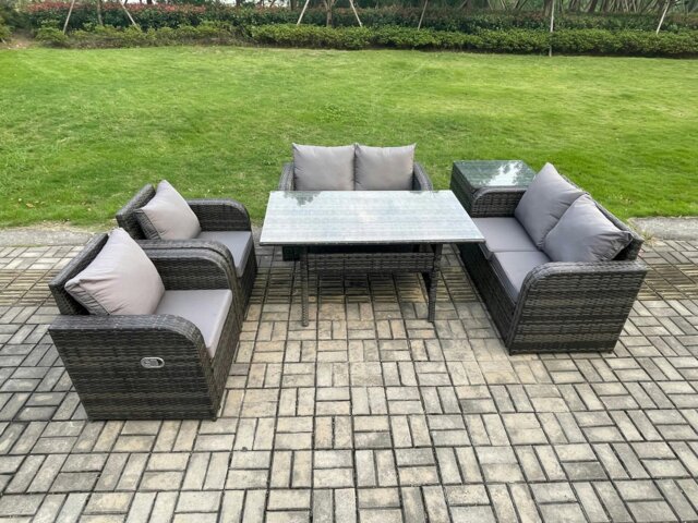 Rackhams Rattan Outdoor Furniture Garden Dining Set Rectangular Table and Chair Sofa Set With Side Table Dark Grey Mixed - image 1