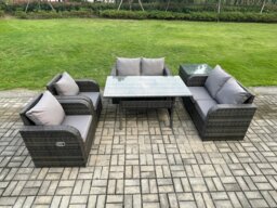 Rackhams Rattan Outdoor Furniture Garden Dining Set Rectangular Table and Chair Sofa Set With Side Table Dark Grey Mixed - thumbnail 1