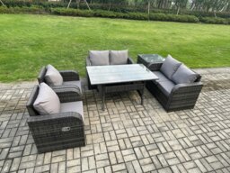Rackhams Rattan Outdoor Furniture Garden Dining Set Rectangular Table and Chair Sofa Set With Side Table Dark Grey Mixed - thumbnail 2