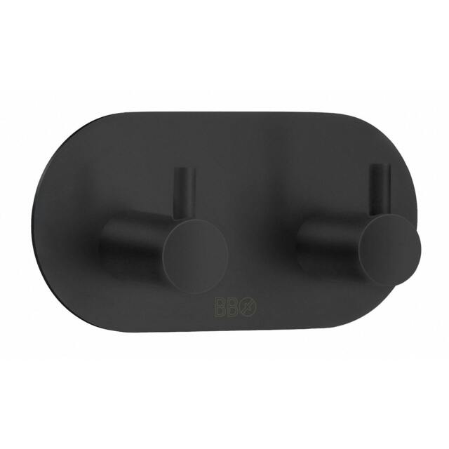 Rackhams Black Stainless Steel Double Towel Hook (96 x 48mm) Self Adhesive Bathroom Wall Mounted - image 1