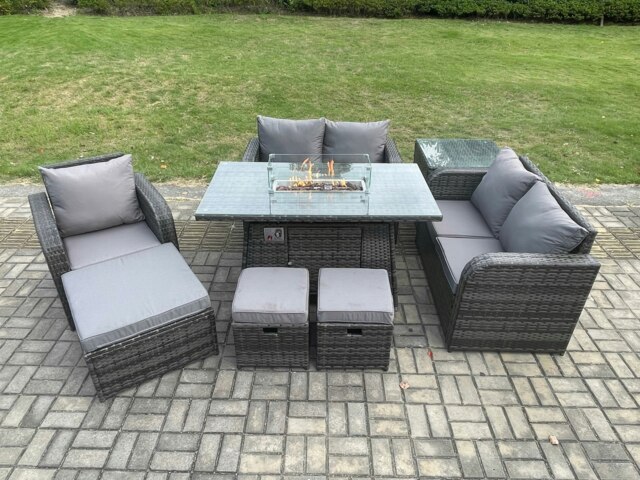 Rackhams Outdoor Sofa Rattan Garden Furniture Set Patio Gas Fire Pit Dining Table and Reclining Chair set with Side Table 3 Footstools Dark Grey Mixed - image 1