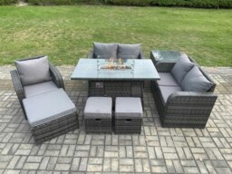 Rackhams Outdoor Sofa Rattan Garden Furniture Set Patio Gas Fire Pit Dining Table and Reclining Chair set with Side Table 3 Footstools Dark Grey Mixed - thumbnail 1