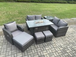 Rackhams Outdoor Sofa Rattan Garden Furniture Set Patio Gas Fire Pit Dining Table and Reclining Chair set with Side Table 3 Footstools Dark Grey Mixed - thumbnail 2