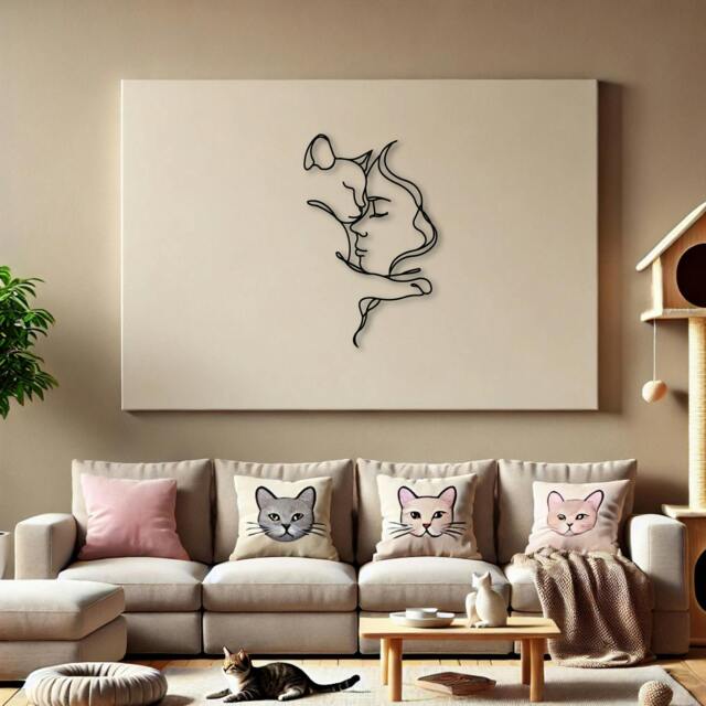 Rackhams Woman and Cat Metal Line Art Wall Decor - Metal - Black - image 1