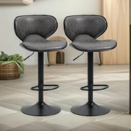 Rackhams Set Of 2 Height Adjustable 360 PU Leather Swivel Bar Stools Dark Grey - thumbnail 3