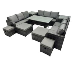 Rackhams 13 Seater Garden Outdoor Rattan Furniture Set Rattan Sofa Oblong Dining Table with 2 Side Table 4 Footstools Dark Grey - thumbnail 2