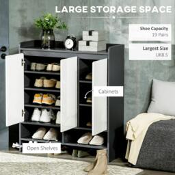 Rackhams High Gloss Shoe Cabinet with White Doors and Open Shelves, Hallway Shoe Cupboard Storage Organizer for 19 Pairs of Shoes, Grey - thumbnail 4