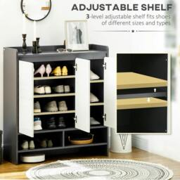 Rackhams High Gloss Shoe Cabinet with White Doors and Open Shelves, Hallway Shoe Cupboard Storage Organizer for 19 Pairs of Shoes, Grey - thumbnail 6