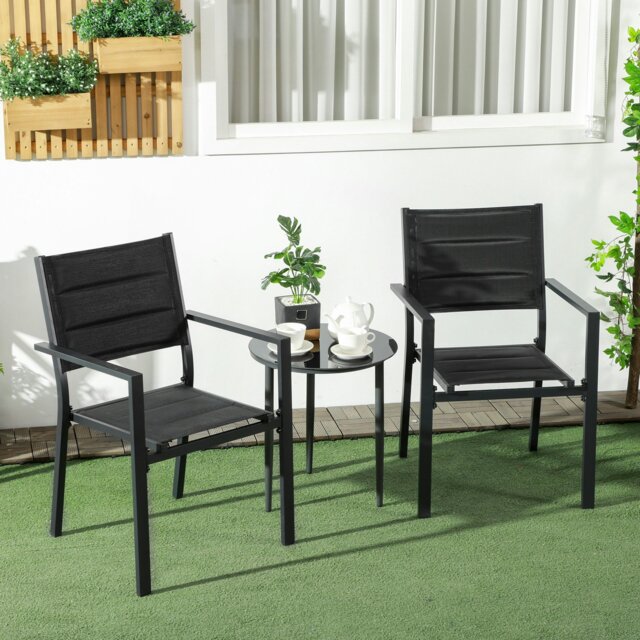 Rackhams 2 PCs Dining Chairs, Stackable Design Aluminium Outdoor Armchairs Black - Black - Aluminium, Mesh Fabric - 56.5cm x 57.5cm x 87cm
