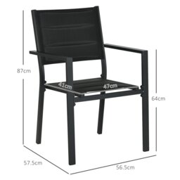 Rackhams 2 PCs Dining Chairs, Stackable Design Aluminium Outdoor Armchairs Black - Black - Aluminium, Mesh Fabric - 56.5cm x 57.5cm x 87cm - thumbnail 5