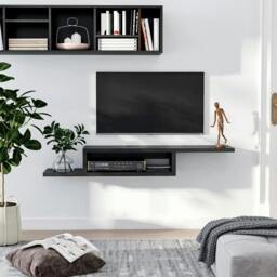 Rackhams Floating TV Unit, Wall Mounted TV Stand with Open Shelf and 2 Cable Holes, Entertainment Unit for Living Room, Black - Black - thumbnail 6