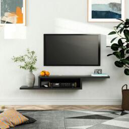 Rackhams Floating TV Unit, Wall Mounted TV Stand with Open Shelf and 2 Cable Holes, Entertainment Unit for Living Room, Black - Black - thumbnail 2