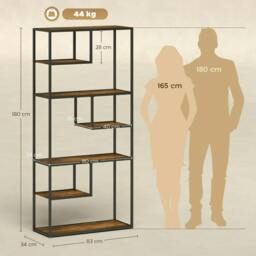 Rackhams Industrial Bookcase Shelf, 6 Tier Metal Shelving, Storage Shelves for Living Room, Home Office, Bedroom, Rustic Brown - thumbnail 3