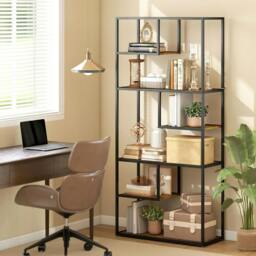 Rackhams Industrial Bookcase Shelf, 6 Tier Metal Shelving, Storage Shelves for Living Room, Home Office, Bedroom, Rustic Brown - thumbnail 2