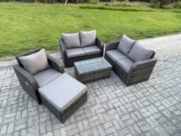 Rackhams High Back Rattan Garden Lounge Set - Dark Grey Mixed Indoor/Outdoor Patio Sofa with Loveseat, Rectangular Coffee Table & Big Footstool - thumbnail 1