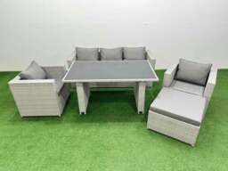 Rackhams Patio Garden Furniture Sets with Black Glass Top Dining Table Armchair 3 Seater Sofa Big Stool Light Grey