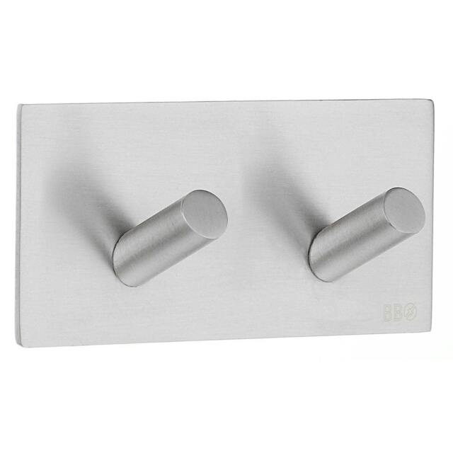 Rackhams Brushed Stainless Steel Double Towel Hook (90 x 45mm) Self Adhesive Bathroom Wall Mounted