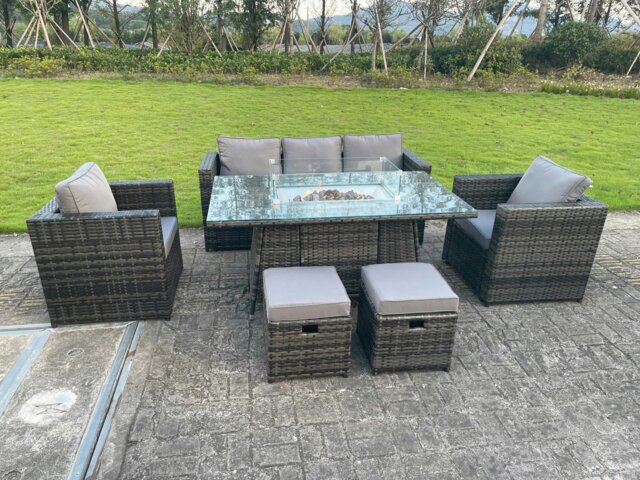 Rackhams Rattan Garden Furniture Set with Gas Fire Pit Dining Table, 1 Sofa, 2 Chairs, 2 Footstools - Dark Grey - 7 Seater - image 1