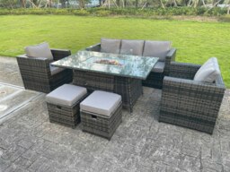 Rackhams Rattan Garden Furniture Set with Gas Fire Pit Dining Table, 1 Sofa, 2 Chairs, 2 Footstools - Dark Grey - 7 Seater - thumbnail 3