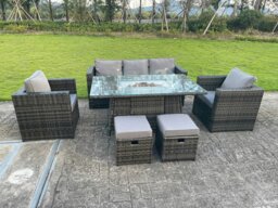 Rackhams Rattan Garden Furniture Set with Gas Fire Pit Dining Table, 1 Sofa, 2 Chairs, 2 Footstools - Dark Grey - 7 Seater - thumbnail 1