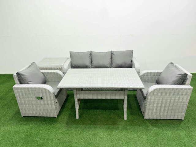 Rackhams PE Rattan Garden Furniture Set Reclining Chair Sofa Lounge Sofa Set Rectangular Dining Table Side Table Light Grey - image 1