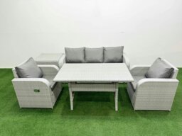 Rackhams PE Rattan Garden Furniture Set Reclining Chair Sofa Lounge Sofa Set Rectangular Dining Table Side Table Light Grey - thumbnail 1