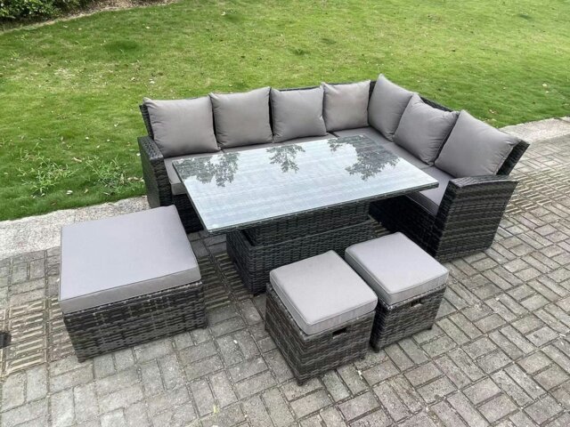 Rackhams 9 Seater High Back?Outdoor Rattan Adjustable Rising Lifting Dining Table Corner Sofa Set Garden Furniture Footstools Dark Grey Mixed Right Hand - image 1