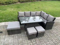 Rackhams 9 Seater High Back?Outdoor Rattan Adjustable Rising Lifting Dining Table Corner Sofa Set Garden Furniture Footstools Dark Grey Mixed Right Hand - thumbnail 2