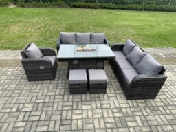Rackhams 9 Seater Wicker Rattan Garden Furniture Set Gas Fire Pit Dining Table Reclining Chair 3 Seater Sofa Set Indoor Outdoor with 2 Small Footstools - thumbnail 1