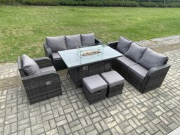 Rackhams 9 Seater Wicker Rattan Garden Furniture Set Gas Fire Pit Dining Table Reclining Chair 3 Seater Sofa Set Indoor Outdoor with 2 Small Footstools - thumbnail 2