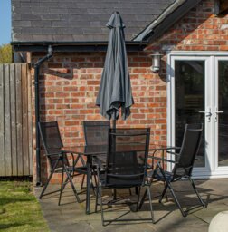 Rackhams Outdoor 4 Person Rectangular Glass Top Garden Dining Table Chairs With Grey Havana Parasol & Base - Outdoor Furniture Sets - thumbnail 2