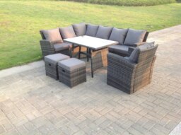 Rackhams High Back Dark Mixed Grey Rattan Corner Sofa Set Outdoor Furniture Rectangular Dining Table 2 Small Footstools Chair 9 Seater