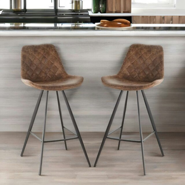 Rackhams 2PC Bar Stools Set With Backrest Quilted Brown - image 1