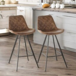 Rackhams 2PC Bar Stools Set With Backrest Quilted Brown - thumbnail 3