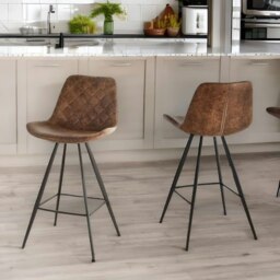 Rackhams 2PC Bar Stools Set With Backrest Quilted Brown - thumbnail 6