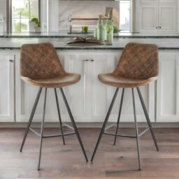 Rackhams 2PC Bar Stools Set With Backrest Quilted Brown - thumbnail 5