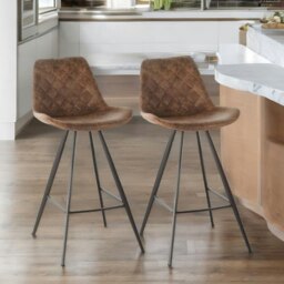 Rackhams 2PC Bar Stools Set With Backrest Quilted Brown - thumbnail 2